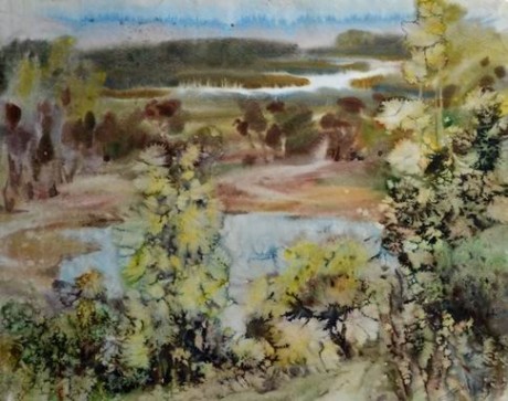  Название:  Дорога к озеру  BR    Автор:  Алонцев А А  BR  бумага  акварель  51см х 61.5см   BR  создание 1990 г.