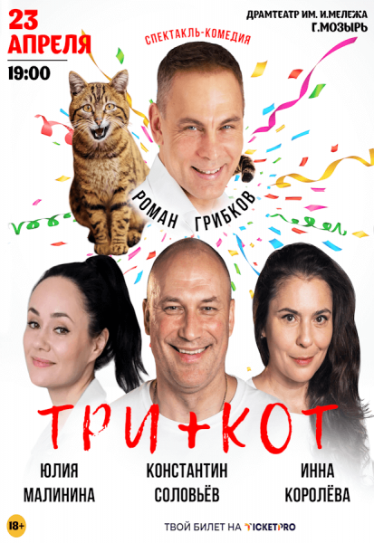 Спектакль "Три плюс кот"  из России . В ролях российские артисты: Роман Грибков  Юлия Малинина  Константин Соловьёв  Инна Королёва
