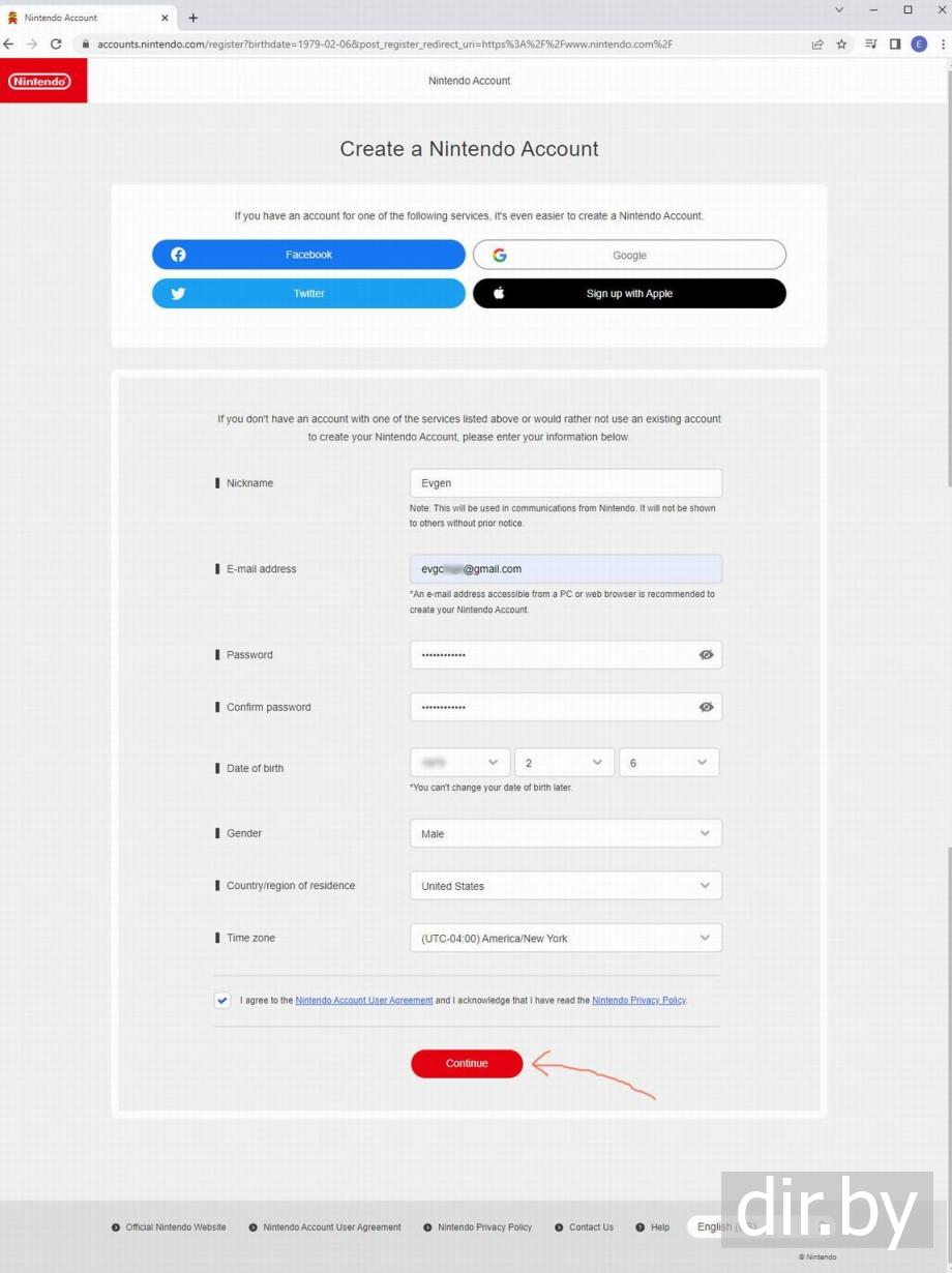 Создаю  Nintendo  account