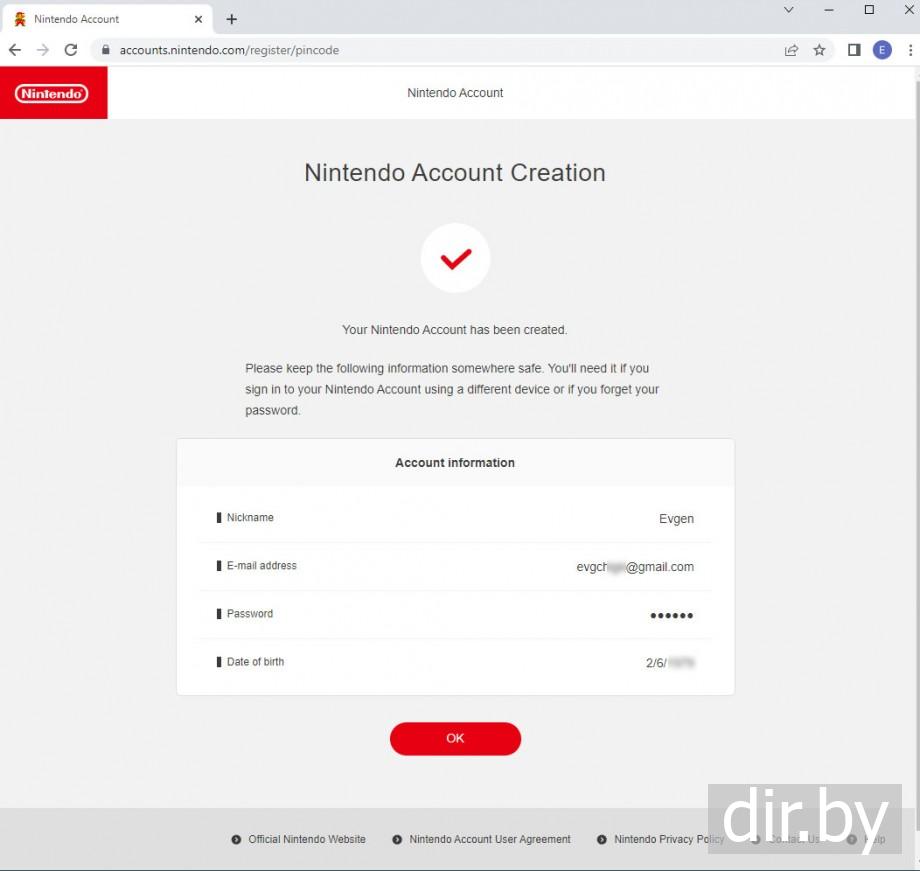Создаю  Nintendo  account