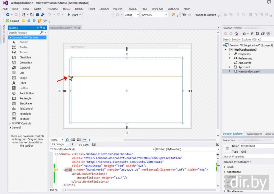  Добавление RowDefinition  в Grid  мышкой в XAML design editor 